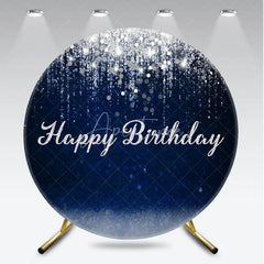Aperturee - Aperturee Dark Blue and Silver Glitter Happy Birthday Round Backdrop Elegant Sparkling Celebration Party Decor for Photography