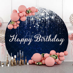 Aperturee - Aperturee Dark Blue and Silver Glitter Happy Birthday Round Backdrop Elegant Sparkling Celebration Party Decor for Photography