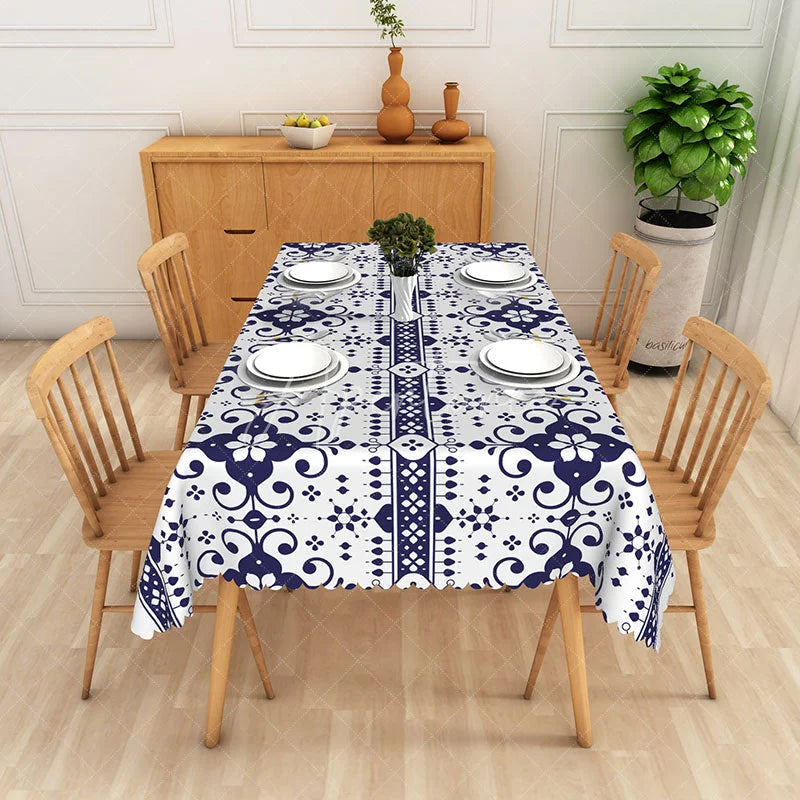 Aperturee - Aperturee Dark Blue and White Floral Geometric Pattern Rectangle Tablecloth Elegant Dining Kitchen Party Decor