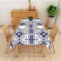 Aperturee - Aperturee Dark Blue and White Floral Geometric Pattern Rectangle Tablecloth Elegant Dining Kitchen Party Decor