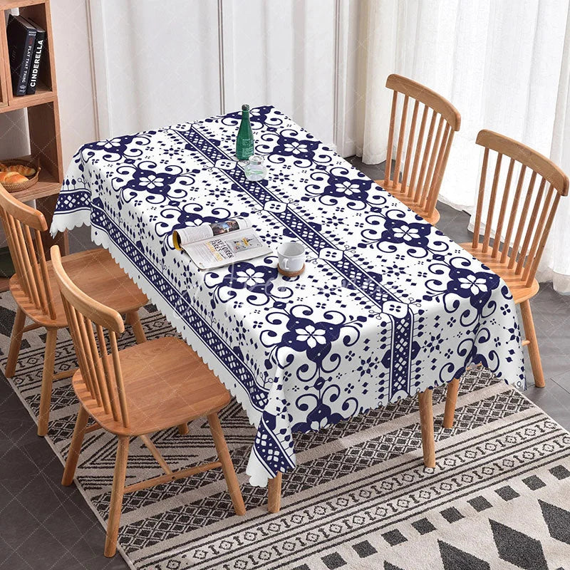 Aperturee - Aperturee Dark Blue and White Floral Geometric Pattern Rectangle Tablecloth Elegant Dining Kitchen Party Decor