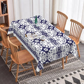 Aperturee - Aperturee Dark Blue and White Floral Geometric Pattern Rectangle Tablecloth Elegant Dining Kitchen Party Decor
