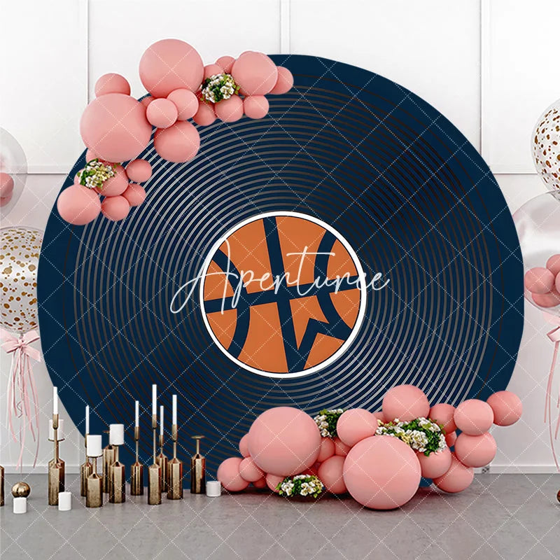 Aperturee - Aperturee Dark Blue Basketball Theme Round Backdrop featuring an Orange Ball and Concentric Circles for Sports Party