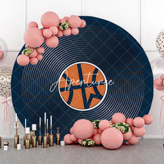 Aperturee - Aperturee Dark Blue Basketball Theme Round Backdrop featuring an Orange Ball and Concentric Circles for Sports Party