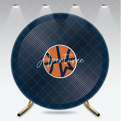 Aperturee - Aperturee Dark Blue Basketball Theme Round Backdrop featuring an Orange Ball and Concentric Circles for Sports Party