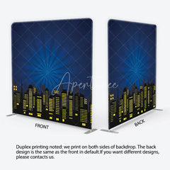 Aperturee - Aperturee Dark Blue City Skyline Square Double-Sided Backdrop with Yellow Illuminated Windows Superhero Theme Party Decor