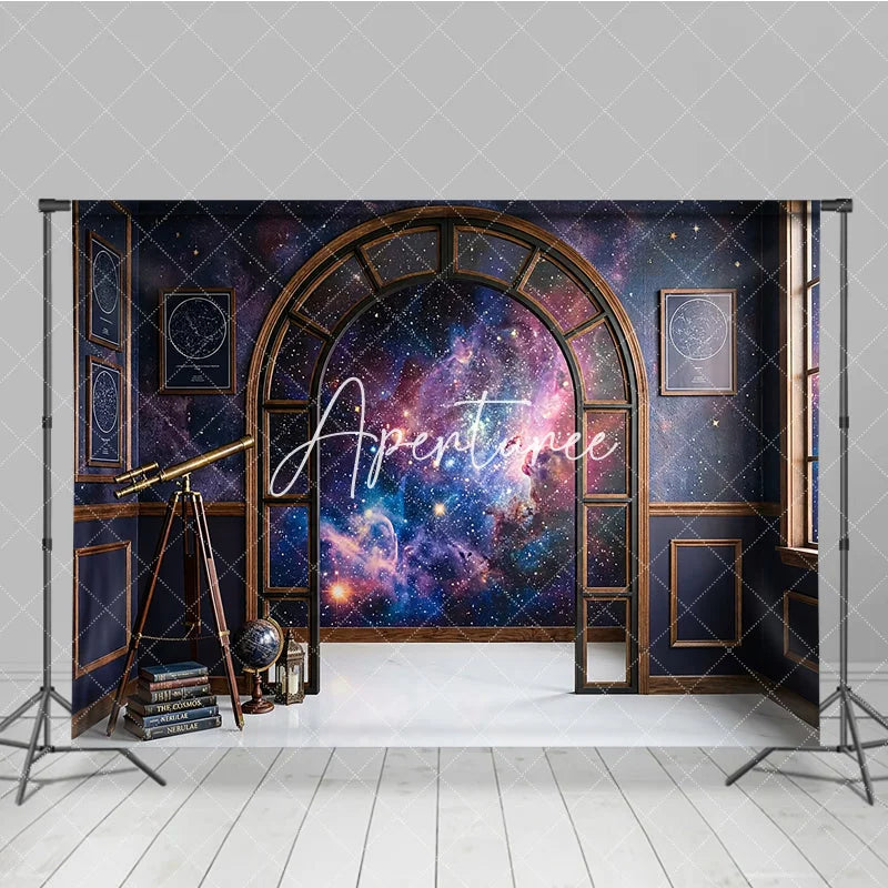 Aperturee - Aperturee Dark Blue Cosmic Galaxy Photography Backdrop Elegant Arched Window with Vintage Telescope and Books