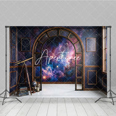 Aperturee - Aperturee Dark Blue Cosmic Galaxy Photography Backdrop Elegant Arched Window with Vintage Telescope and Books