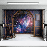 Aperturee - Aperturee Dark Blue Cosmic Galaxy Photography Backdrop Elegant Arched Window with Vintage Telescope and Books