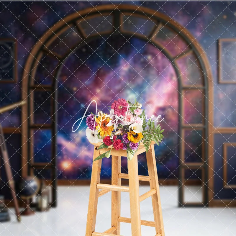 Aperturee - Aperturee Dark Blue Cosmic Galaxy Photography Backdrop Elegant Arched Window with Vintage Telescope and Books