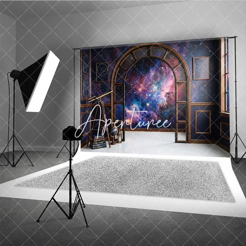 Aperturee - Aperturee Dark Blue Cosmic Galaxy Photography Backdrop Elegant Arched Window with Vintage Telescope and Books