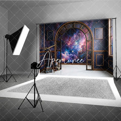 Aperturee - Aperturee Dark Blue Cosmic Galaxy Photography Backdrop Elegant Arched Window with Vintage Telescope and Books