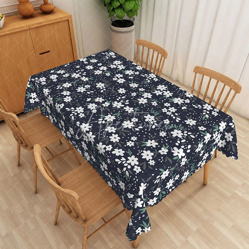 Aperturee - Aperturee Dark Blue Daisy Floral Rectangle Tablecloth White Flower Botanical Dining Table Cover for Kitchen