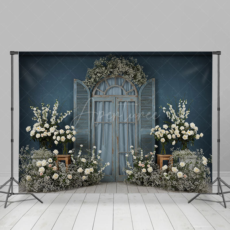 Aperturee - Aperturee Dark Blue Floral Wooden Window Photography Backdrop