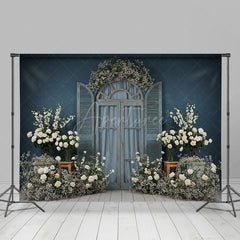 Aperturee - Aperturee Dark Blue Floral Wooden Window Photography Backdrop
