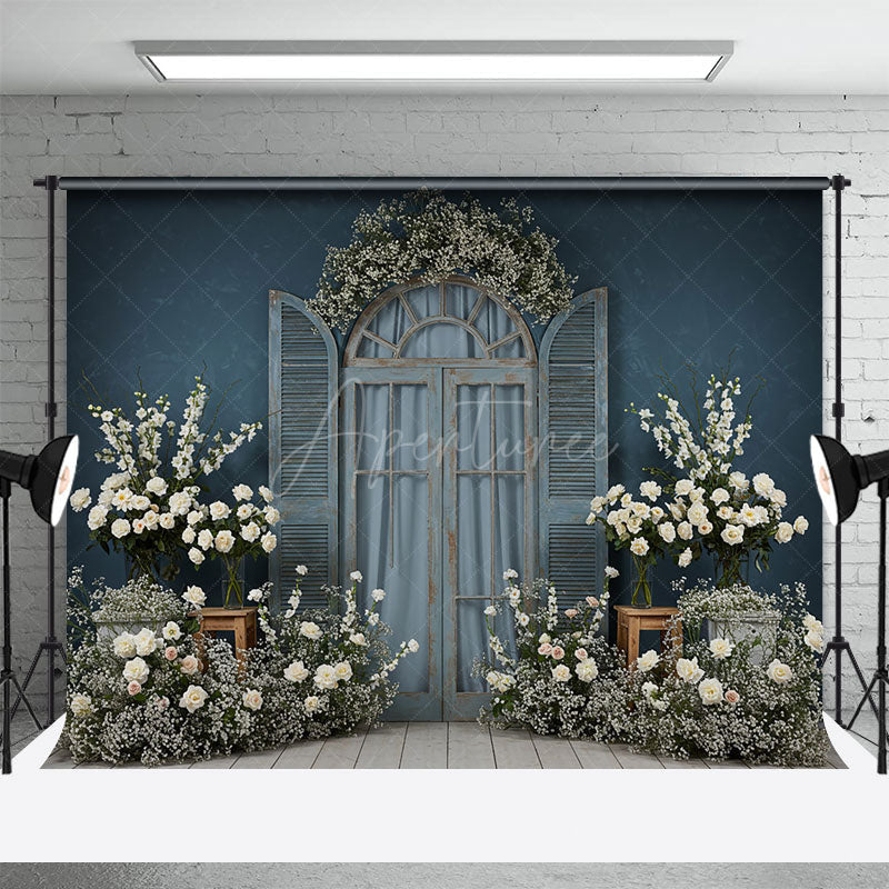Aperturee - Aperturee Dark Blue Floral Wooden Window Photography Backdrop