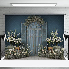 Aperturee - Aperturee Dark Blue Floral Wooden Window Photography Backdrop