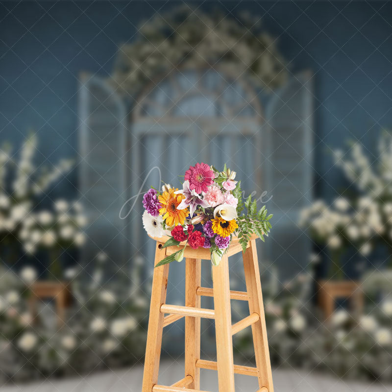 Aperturee - Aperturee Dark Blue Floral Wooden Window Photography Backdrop
