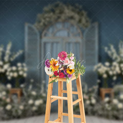 Aperturee - Aperturee Dark Blue Floral Wooden Window Photography Backdrop