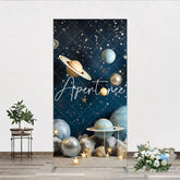 Aperturee - Aperturee Dark Blue Galaxy Outer Space Planets and Stars Rectangle Arch Backdrop Cosmic Birthday Party Decor