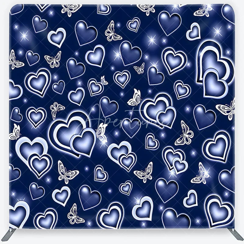 Aperturee - Aperturee Dark Blue Glowing Hearts and White Butterflies Square Double-Sided Backdrop Romantic Dreamy Decor