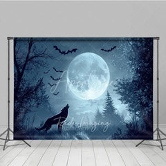 Aperturee - Aperturee Dark Blue Misty Forest Holiday Backdrop with Full Moon Howling Wolf and Flying Bats for Spooky Night Party