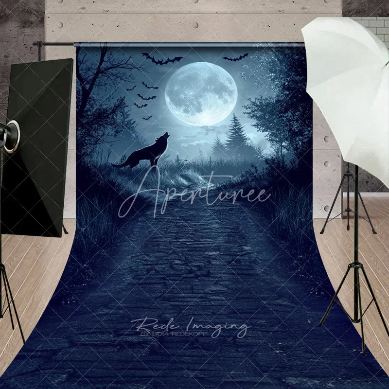 Aperturee - Aperturee Dark Blue Mysterious Wolf Howling Full Moon Forest Path Sweep Backdrop Eerie Gothic Halloween Fantasy Decor