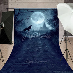 Aperturee - Aperturee Dark Blue Mysterious Wolf Howling Full Moon Forest Path Sweep Backdrop Eerie Gothic Halloween Fantasy Decor