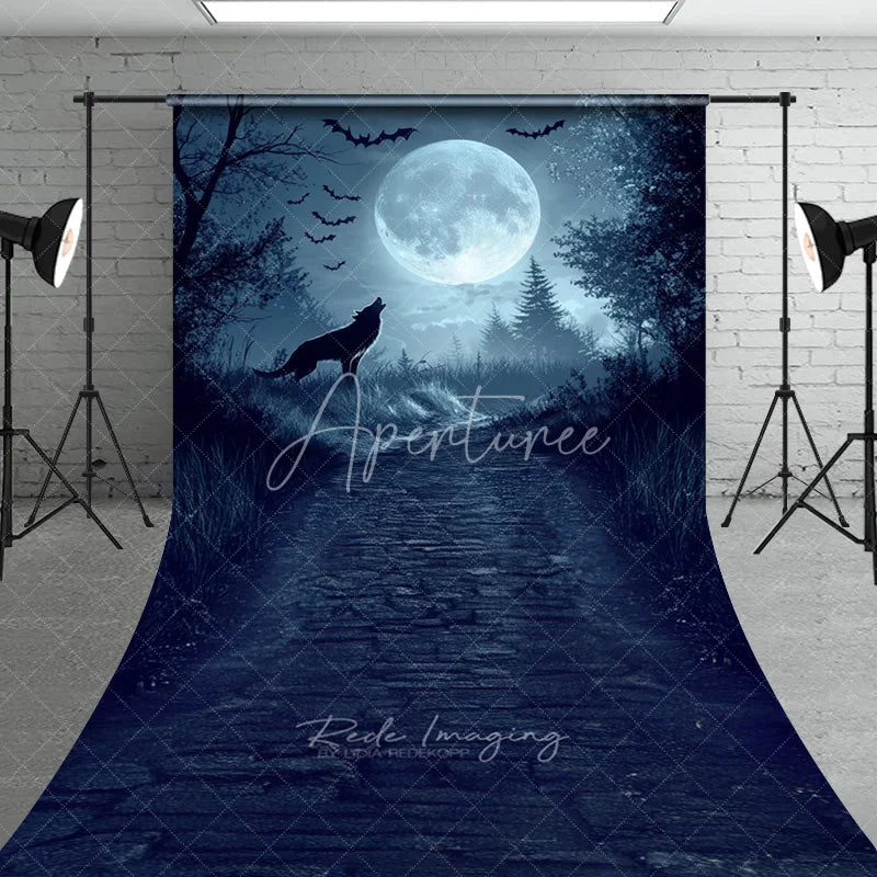 Aperturee - Aperturee Dark Blue Mysterious Wolf Howling Full Moon Forest Path Sweep Backdrop Eerie Gothic Halloween Fantasy Decor