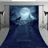 Aperturee - Aperturee Dark Blue Mysterious Wolf Howling Full Moon Forest Path Sweep Backdrop Eerie Gothic Halloween Fantasy Decor