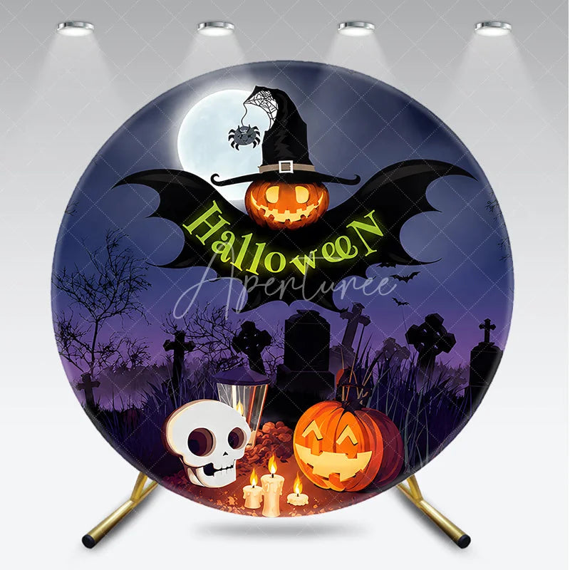 Aperturee - Aperturee Dark Blue Purple Halloween Night Round Backdrop featuring Jack-o-Lantern Witch Hat and Graveyard Scene