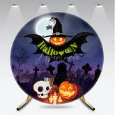 Aperturee - Aperturee Dark Blue Purple Halloween Night Round Backdrop featuring Jack-o-Lantern Witch Hat and Graveyard Scene