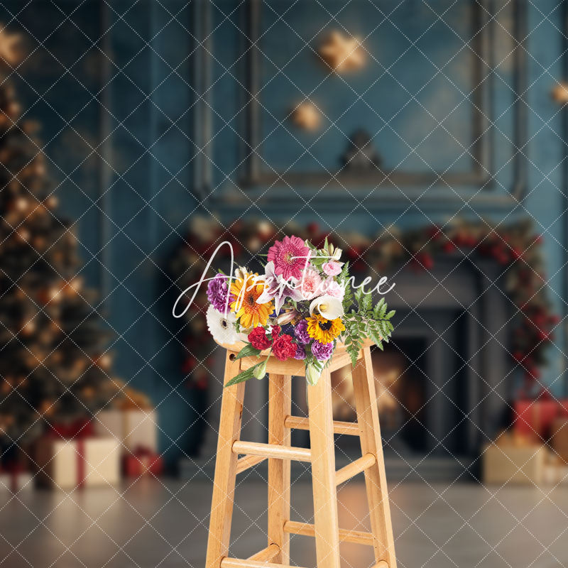 Aperturee - Aperturee Dark Blue Retro Wall Fireplace Christmas Backdrop