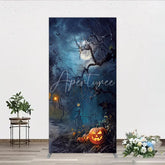 Aperturee - Aperturee Dark Blue Spooky Halloween Night Rectangle Arch Backdrop Featuring Jack-o’-lanterns Bats and a Full Moon