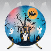 Aperturee - Aperturee Dark Blue Spooky Haunted Castle Full Moon Round Backdrop Flying Bats and Ghosts Halloween Night Party Decoration
