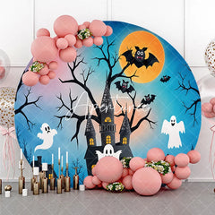 Aperturee - Aperturee Dark Blue Spooky Haunted Castle Full Moon Round Backdrop Flying Bats and Ghosts Halloween Night Party Decoration