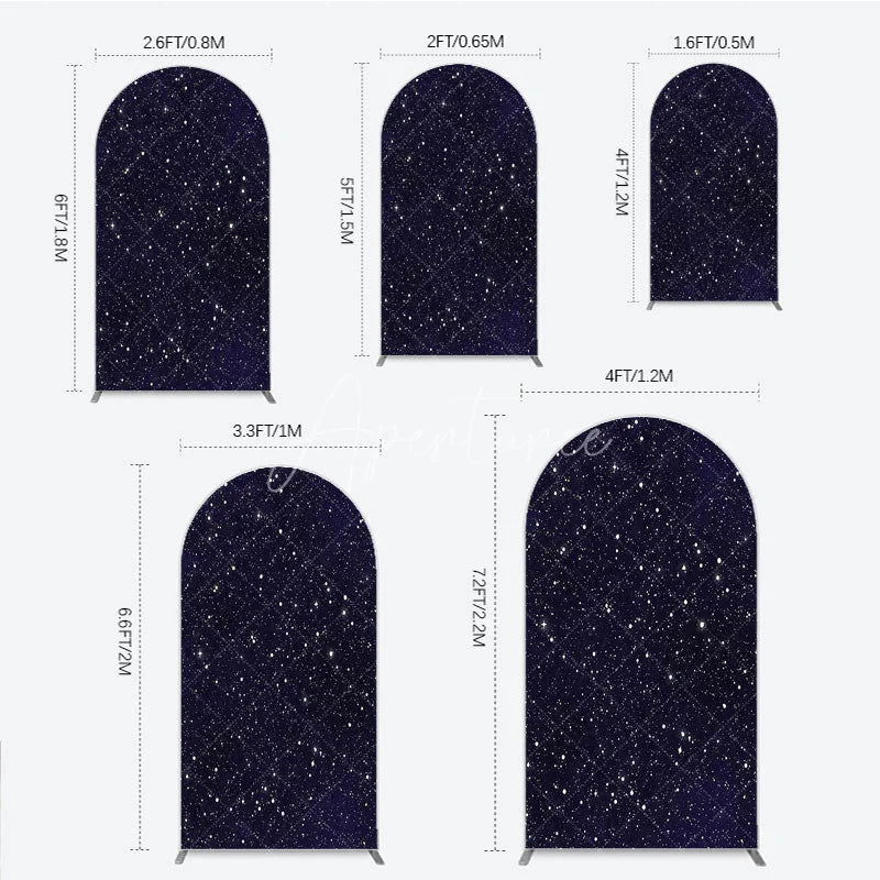 Aperturee - Aperturee Dark Blue Starry Night Round Top Arch Backdrop Elegant White Glitter Galaxy Theme Party Decor
