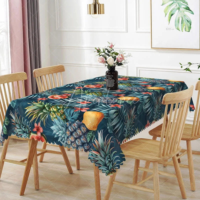 Aperturee - Aperturee Dark Blue Tropical Pineapple Watermelon Pattern Rectangle Tablecloth Summer Decor Washable Kitchen Table Cover