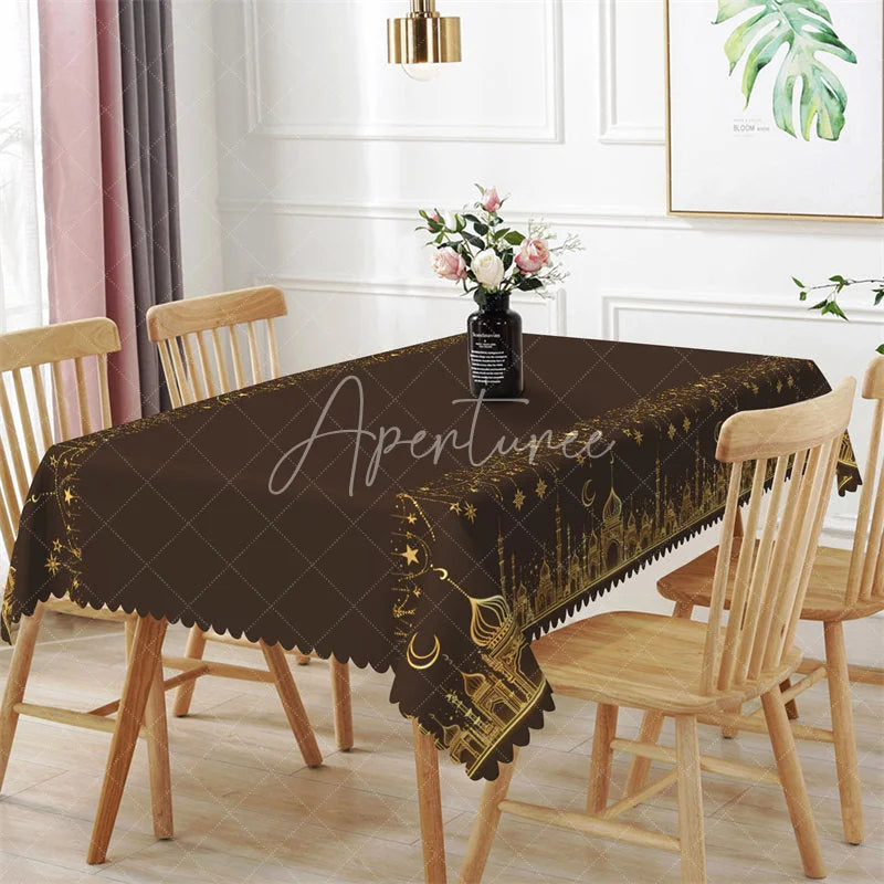 Aperturee - Aperturee Dark Brown and Gold Ramadan Rectangle Tablecloth Glitter Mosque Silhouette Islamic Table Cover