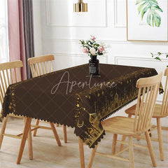 Aperturee - Aperturee Dark Brown and Gold Ramadan Rectangle Tablecloth Glitter Mosque Silhouette Islamic Table Cover