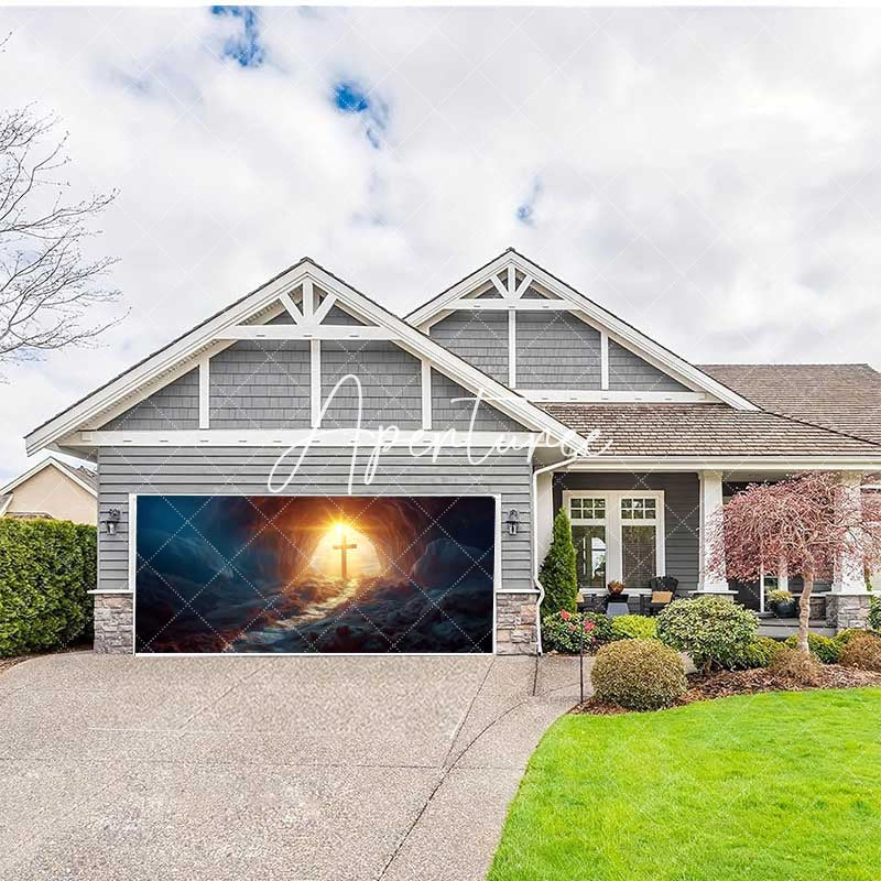 Aperturee - Aperturee Dark Cave Sunlight Cross Easter Garage Door Banner
