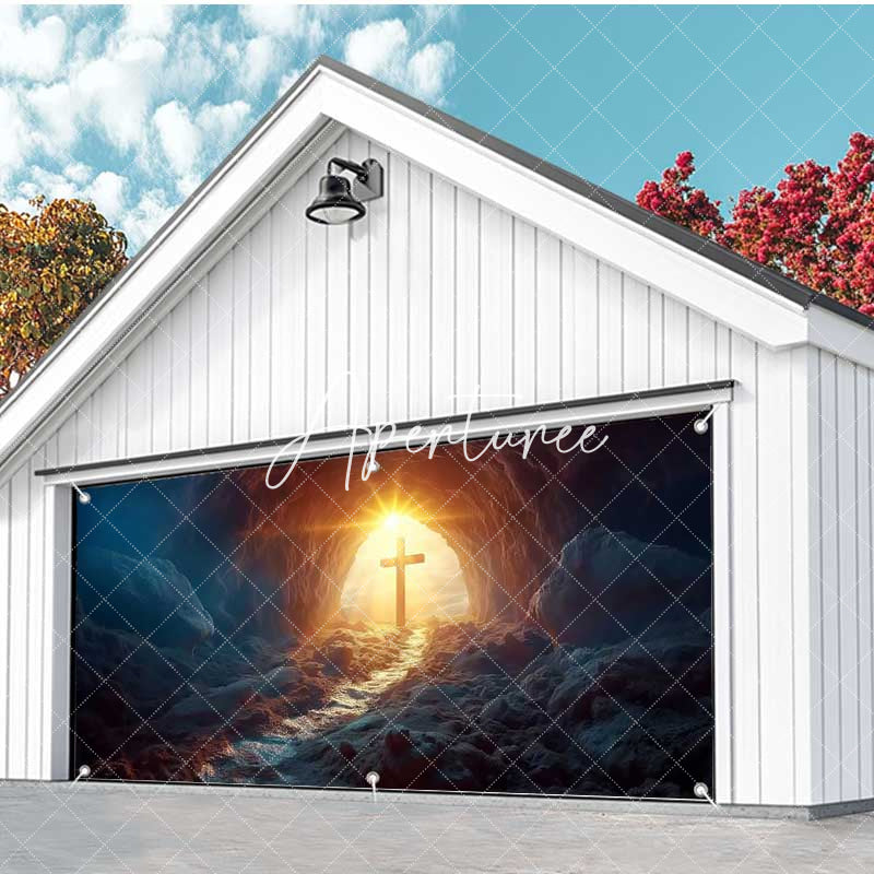 Aperturee - Aperturee Dark Cave Sunlight Cross Easter Garage Door Banner
