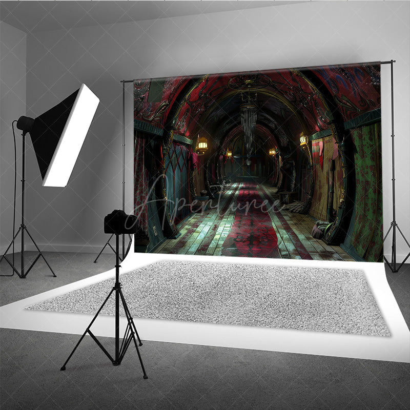 Aperturee - Aperturee Dark Circus Hallway Photography Backdrop Gothic Carnival and Steampunk Theme Vintage Halloween Photo Shoots