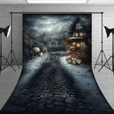 Aperturee - Aperturee Dark Enchanted Halloween Village Cobblestone Path Sweep Backdrop Spooky Jack-o’-Lanterns and String Lights