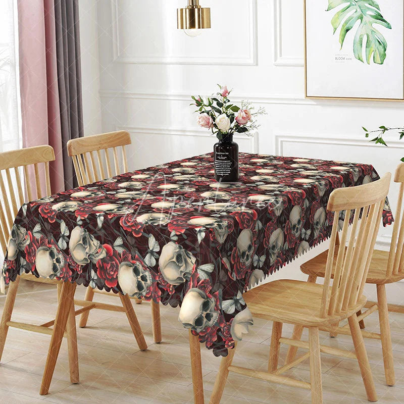 Aperturee - Aperturee Dark Floral Skull Rectangle Tablecloth Dense Skeleton and Rose Pattern Gothic Halloween Dining Decor