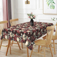 Aperturee - Aperturee Dark Floral Skull Rectangle Tablecloth Dense Skeleton and Rose Pattern Gothic Halloween Dining Decor
