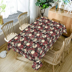 Aperturee - Aperturee Dark Floral Skull Rectangle Tablecloth Dense Skeleton and Rose Pattern Gothic Halloween Dining Decor