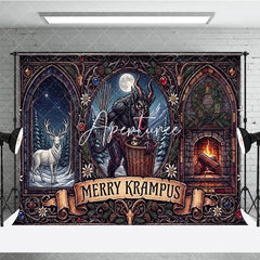 Aperturee - Aperturee Dark Folklore Krampus and Stag with Fireplace Gothic Stained Glass Holiday Backdrop Merry Krampus Winter Celebration