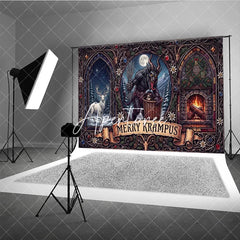 Aperturee - Aperturee Dark Folklore Krampus and Stag with Fireplace Gothic Stained Glass Holiday Backdrop Merry Krampus Winter Celebration