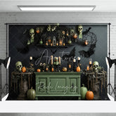 Aperturee - Aperturee Dark Gothic Halloween Backdrop with Skulls Pumpkins and Bats Spooky Candlelit Lanterns and Spiderwebs Decor